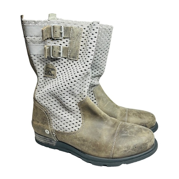 Sorel Major Pull On Perforated Laser Cut Leather Boots Beige &‎ Gray Women’s 8.5 - Picture 1 of 11